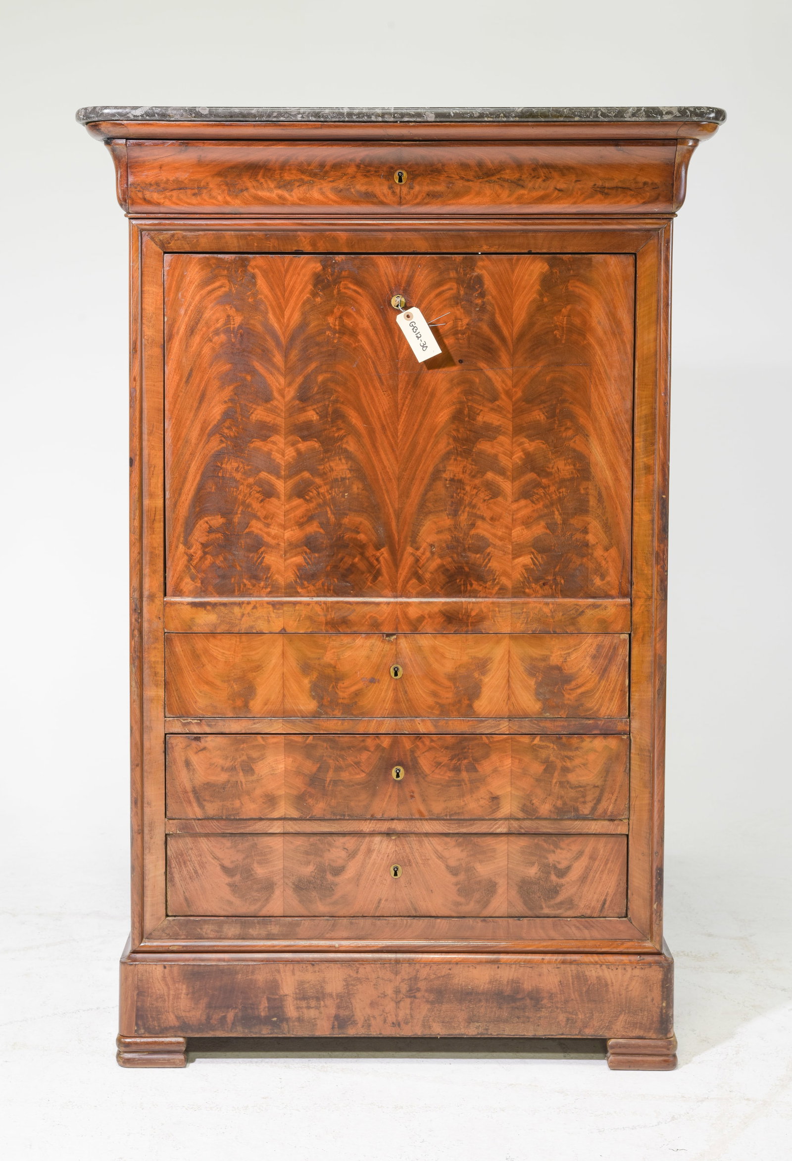 Louis Philippe Style Secretary Abattant: French Louis Philippe Style Marble Top Mahogany Secretary Abattant - 58 in tall x 38.75 x 17