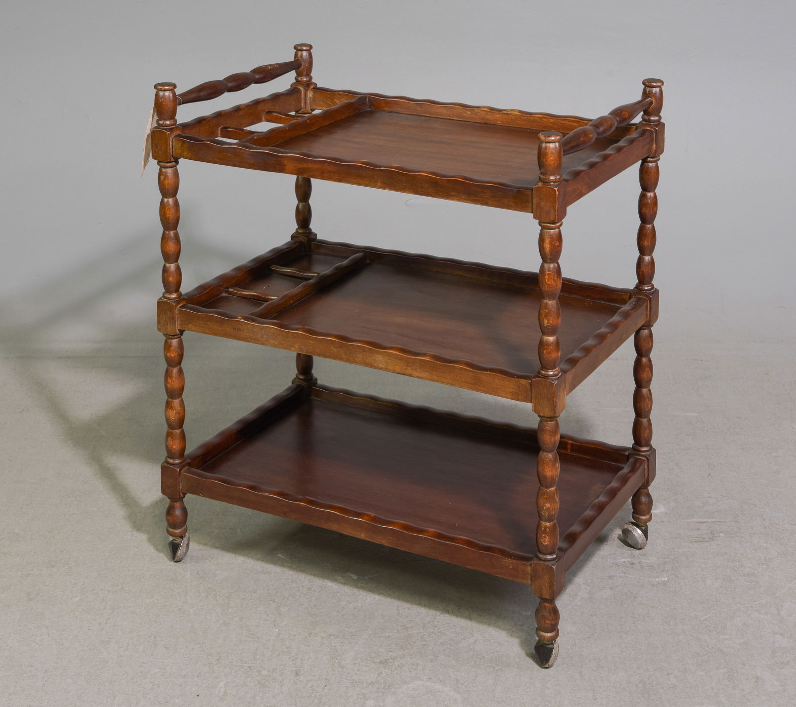 British Oak 3 Tier Trolley / Bar Cart: British Oak 3 Tier Bobbin Trolley / Bar Cart - 30 in tall x 25 x 15.5