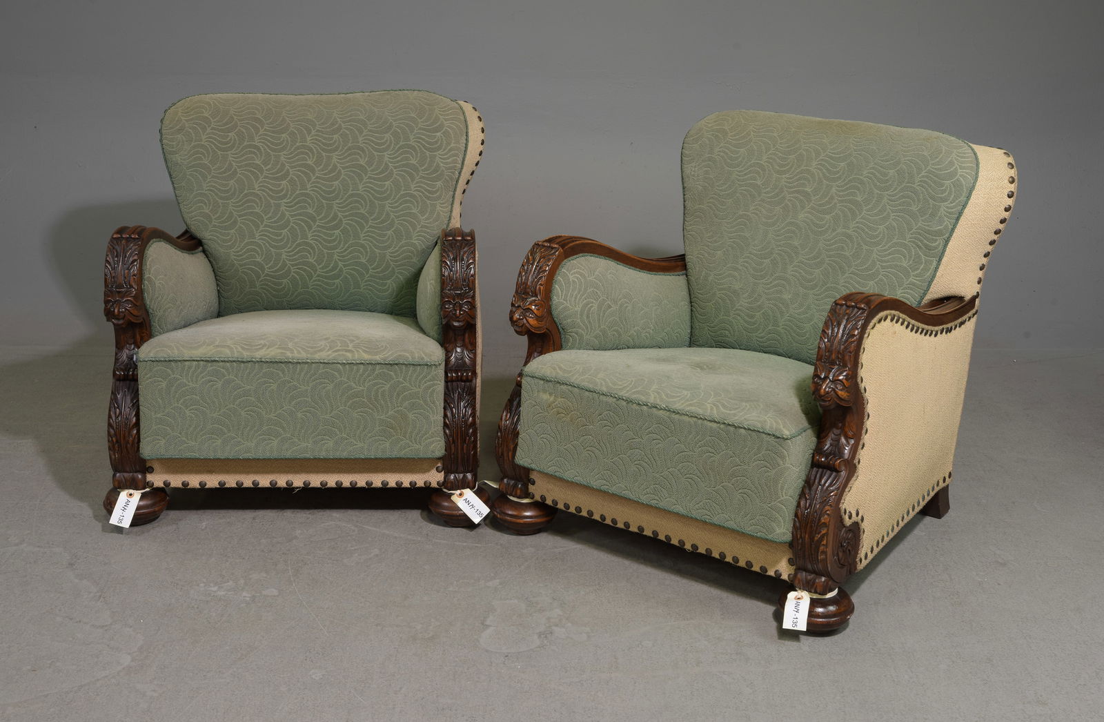Pair Of Carved Danish Upholstered Arm Chairs: Pair Of Carved Danish Upholstered Arm Chairs - 30 in tall 29.5 x 31, seat height is 15