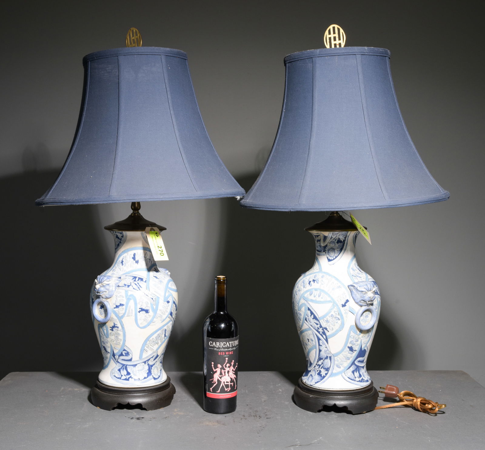 Pair Of Asian Style Blue & White Lamps With Shades (1 of 3)