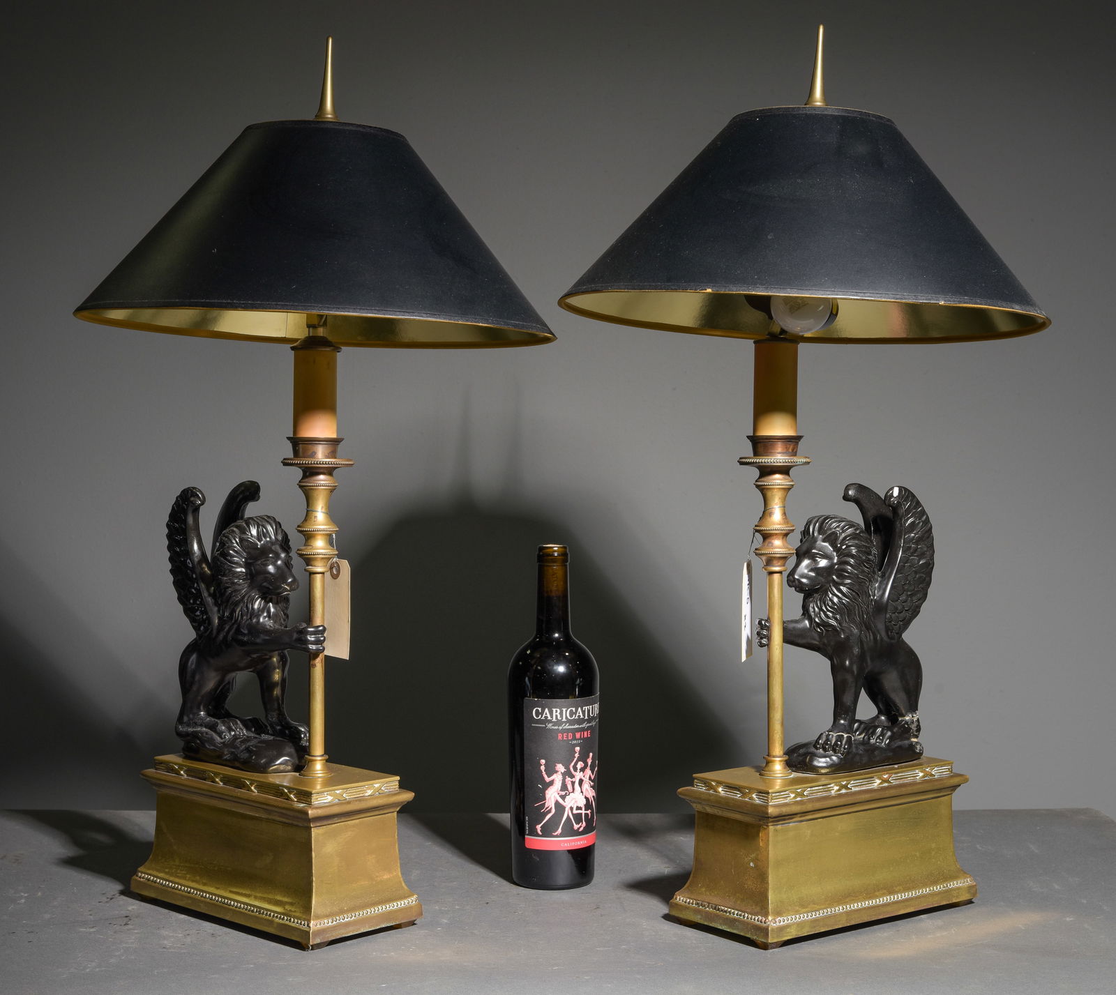Empire Style Brass Lamps With Wing Lions: Empire Style Brass Lamps With Wing Lions - 28.5 in tall x 15 x 15