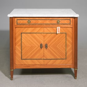 Louis XVI Style White Marble Top Side Cabinet