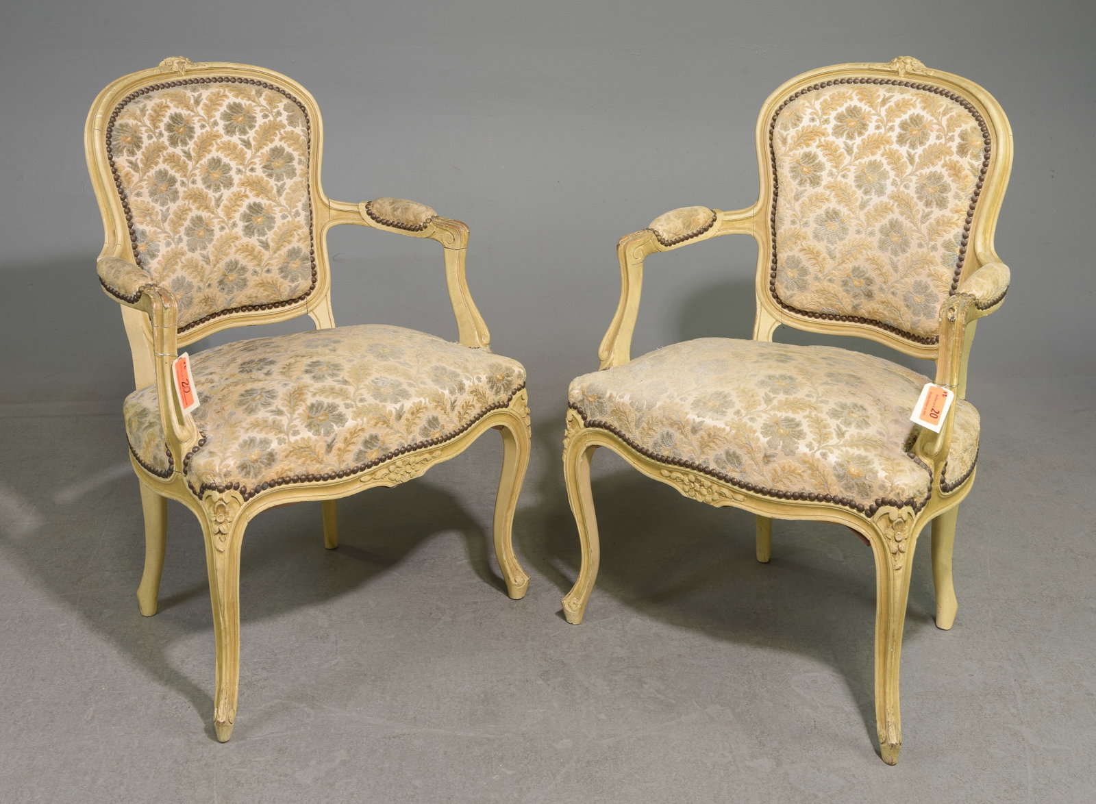 Louis XV Style Pair of Painted Arm Chairs: French Louis XV Style Pair of Painted Arm Chairs - 34 in tall x 23 x 19 each with a seat height of 16.5 inches