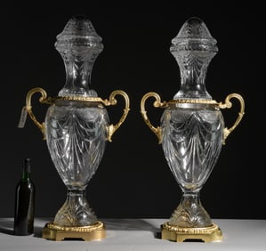 Pair of Empire Style Cut Crystal Urns with Gold Accents