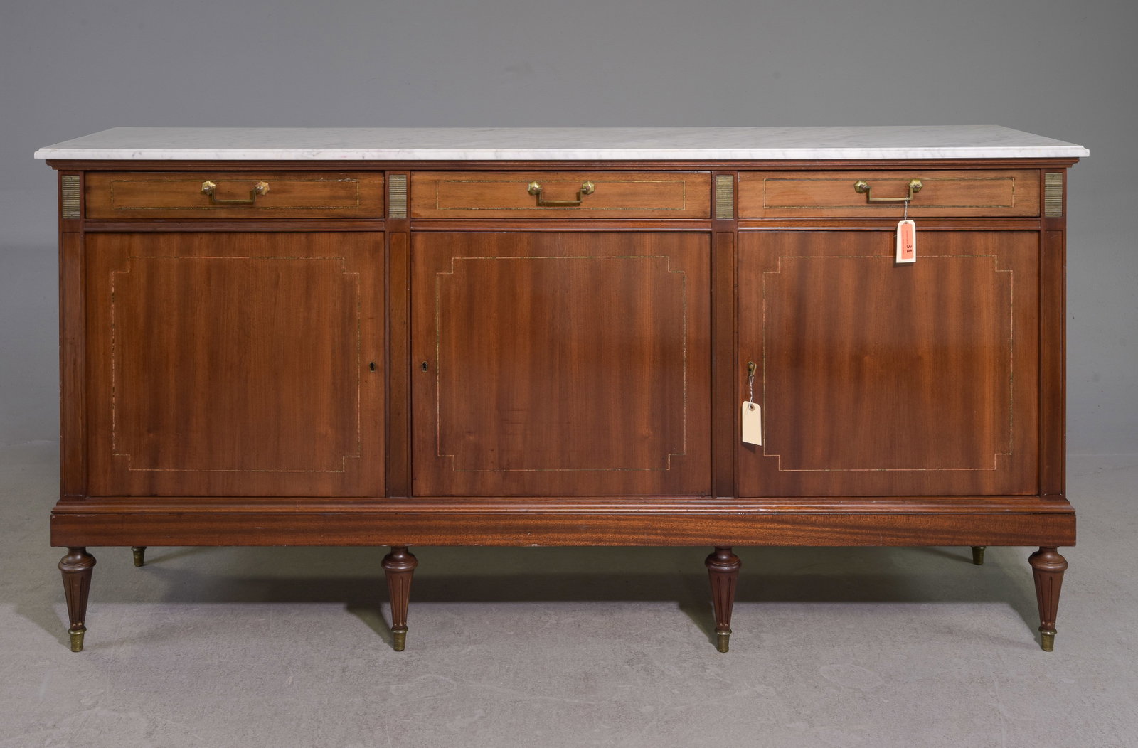 Louis XVI Style White Marble Top Sideboard: French Louis XVI Style White Marble Top Sideboard - 39.5 in tall x 79 x 20