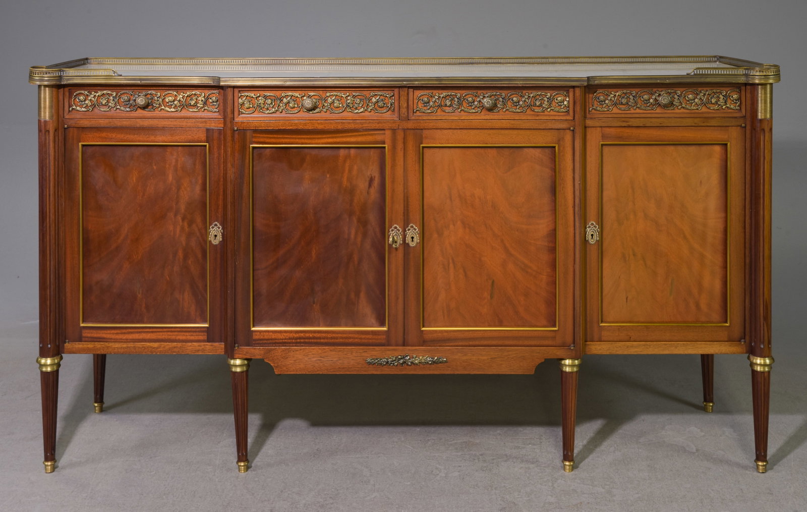Louis XVI Style White Marble Top Sideboard with Gallery: French Louis XVI Style White Marble Top Sideboard with Gallery & Gilded Ormolu Adornments - 41 in tall x 74.5 x 18.75