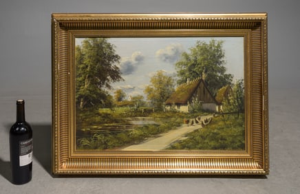 Gold Framed Oil on Canvas Landscape with Chickens