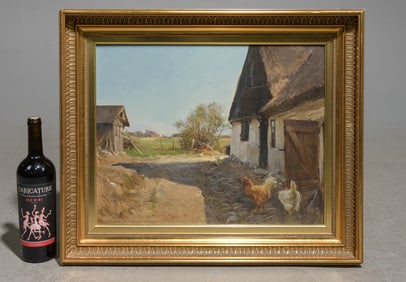 Framed Oil on Board Landscape - Roosters