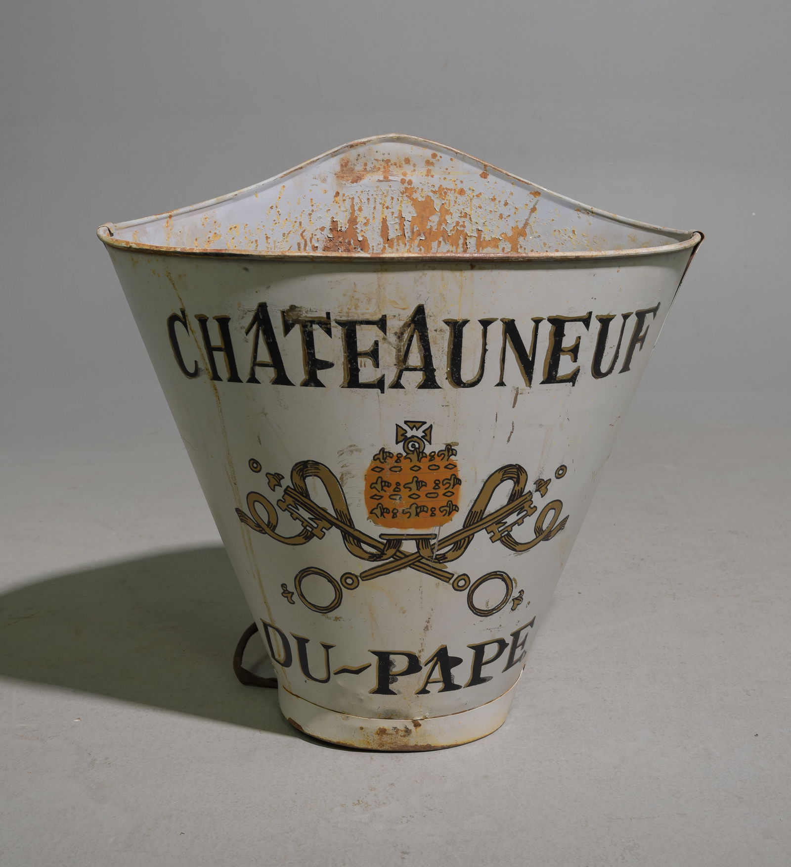 "Chateau Neuf Du Pape" Grape Hod with Straps: "Chateau Neuf Du Pape" Light Grey Hand Painted Grape Hod with Original Straps - 24 in tall x 24 x 15 - Straps are broken and parts missing