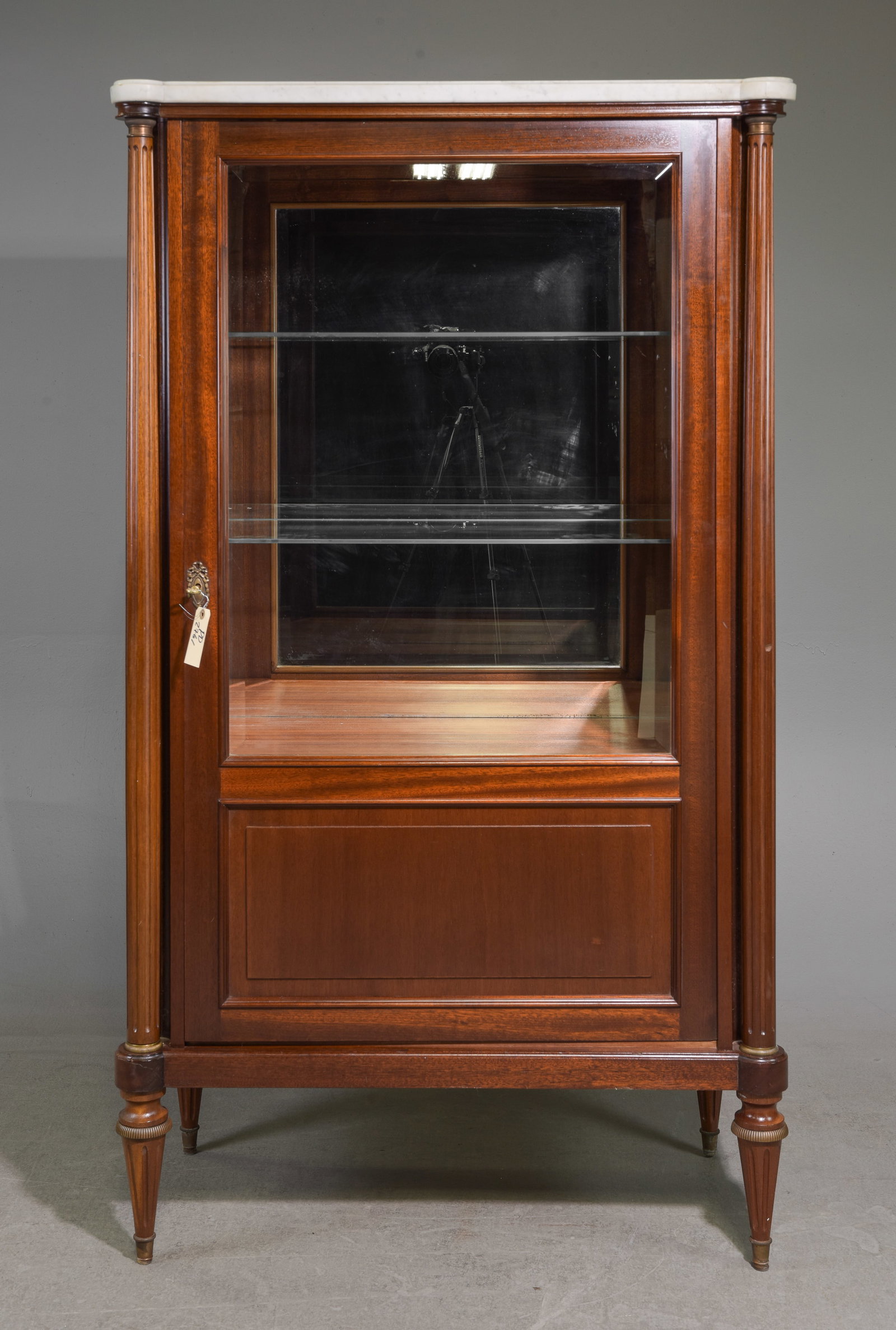 Louis XVI Style Mahogany White Marble Top Vitrine: French Louis XVI Style Mahogany White Marble Top Vitrine - 65.75 in tall x 37.75 x 18.5