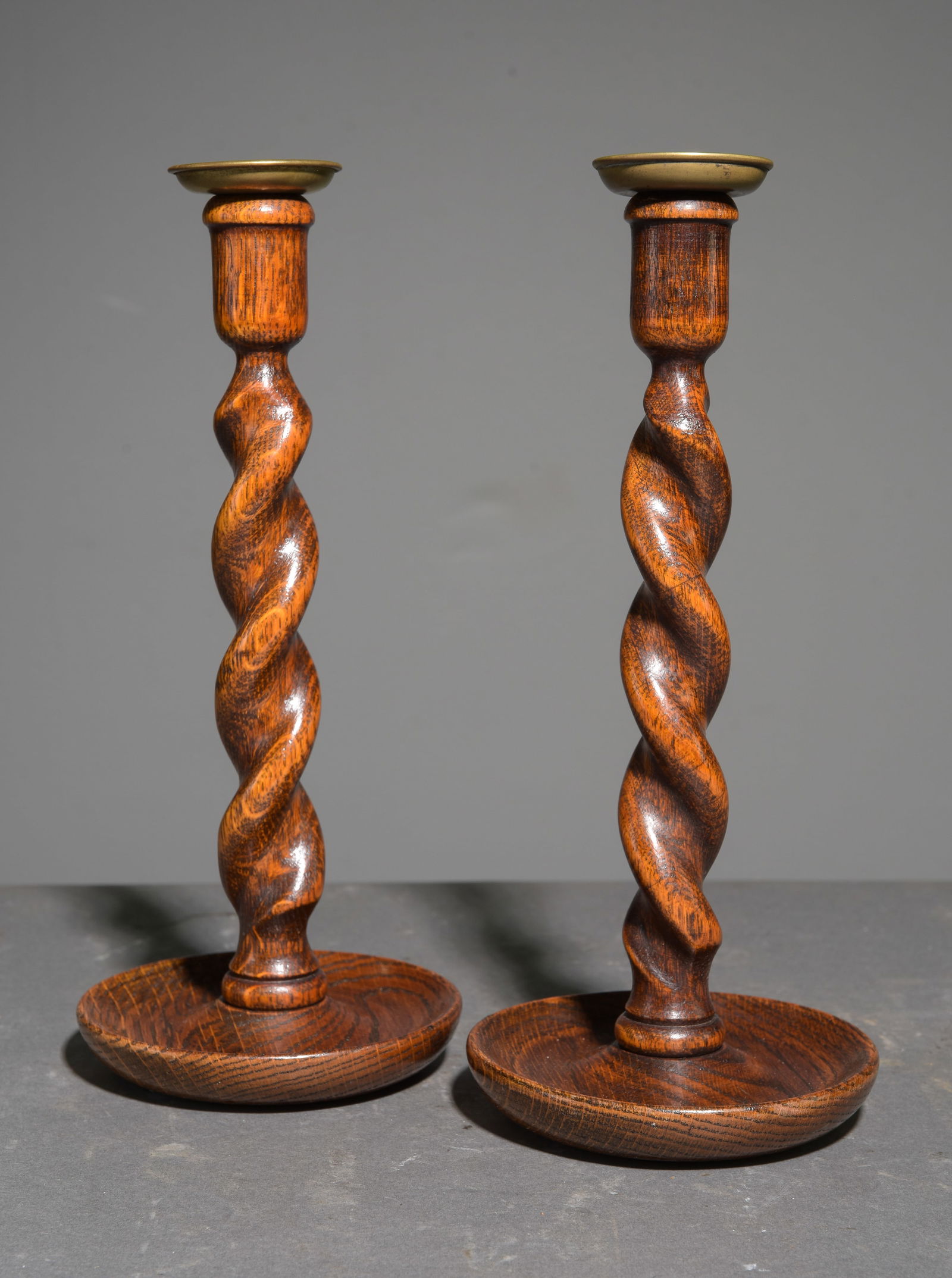 British Pair of Barley Twist Candlesticks: British Pair of Barley Twist Candlesticks - 12 in tall x 6 in diameter