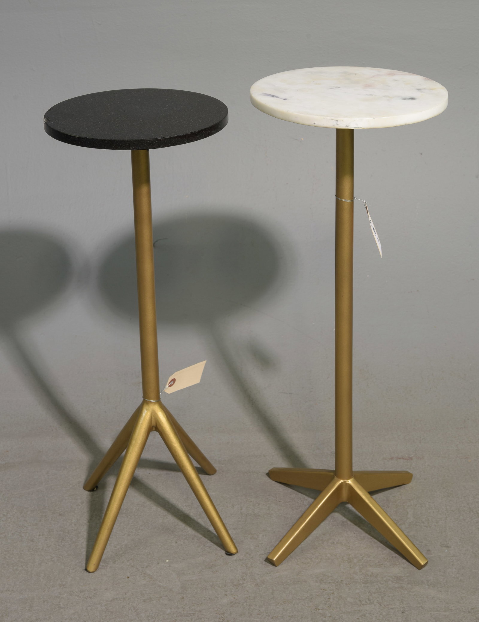 Two Marble Top 3 Legs Pedastals / Side Tables: Two Marble Top 3 Legs Pedastals / Side Tables - 26.5 in tall x 10.5 in diameter