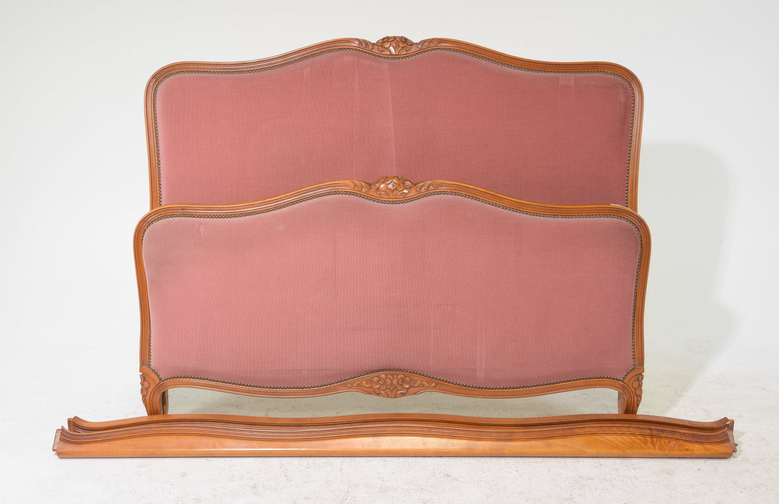 Louis XV Style Red Upholstered Bed With Rails: Louis XV Style Red Upholstered Bed With Rails - Headboard is 46.5 in tall x 58 x 2.5, rails are 76.5 in long - This bed is a European size which can usually be converted to an American size by removin