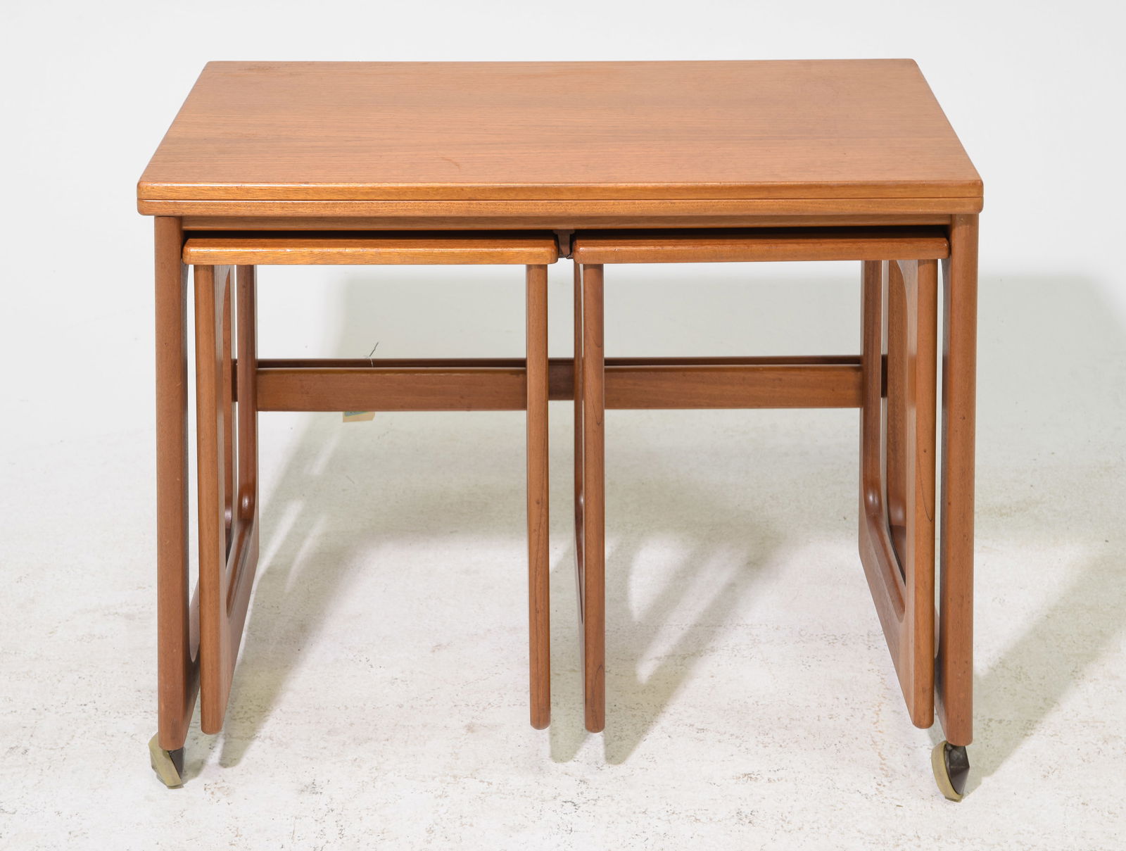 Mid Century Triform Flip Top Nest by McIntosh: Danish Modern Style Teak Triform Flip Top Nest by McIntosh - 24 in tall x 30 x 16, small ones are 19 in tall x 13 x 14