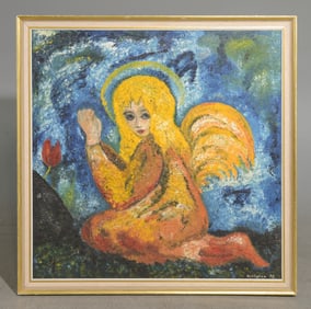 Signed Danish Framed Oil On Canvas - Kneeling Angel