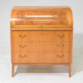 Scandinavian Burled Cylinder Roll Top Desk