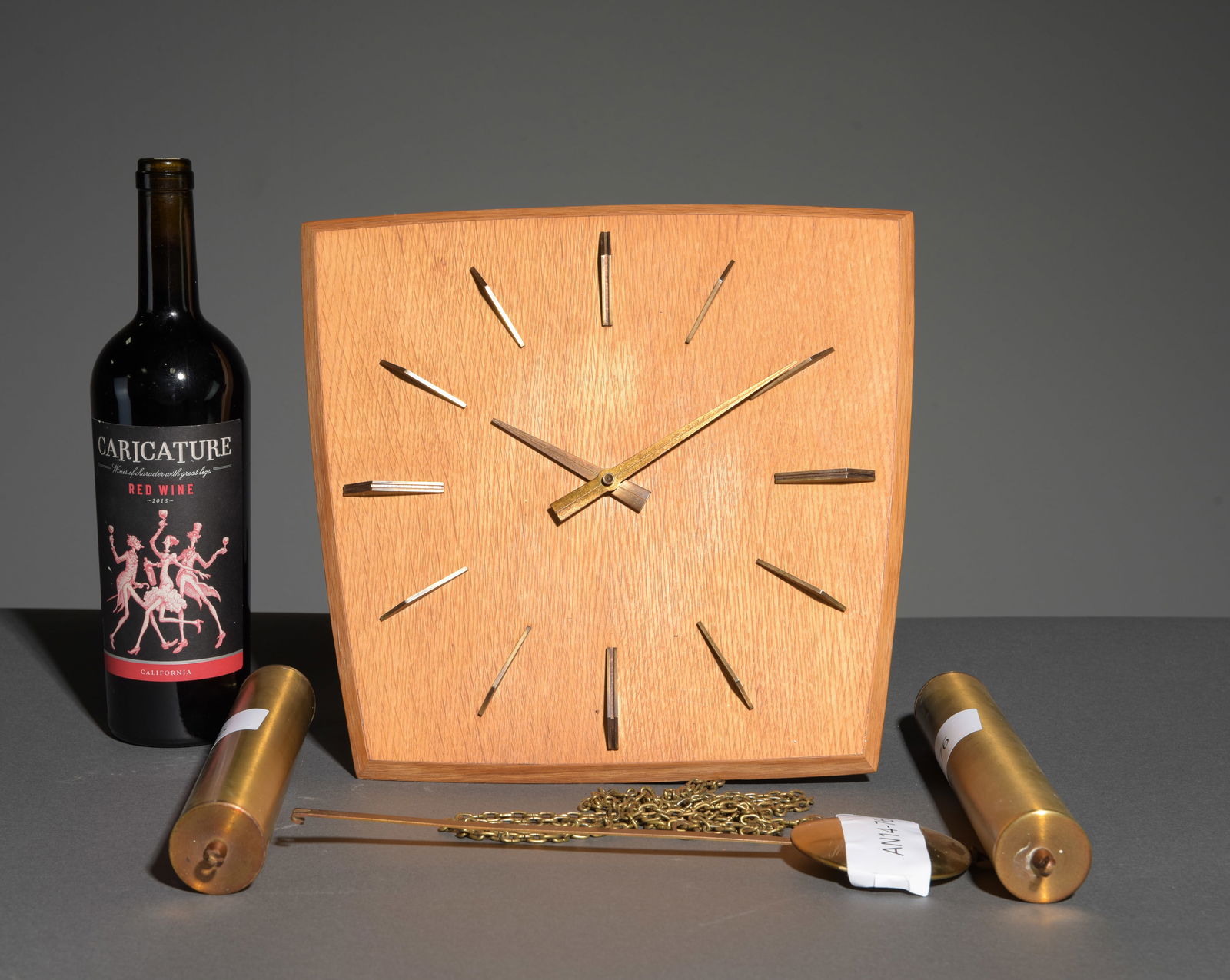 Danish Modern Wall Clock with Weights: Danish Mid Century Modern Wall Clock with Weights - 12 in tall x 13 x 4