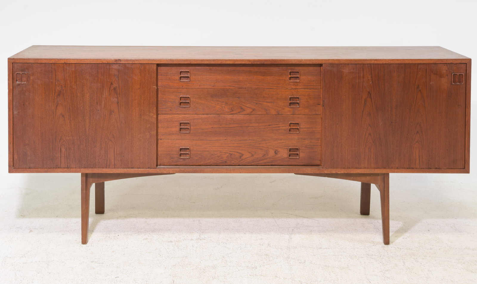 Mid Century Modern Sliding Door Sideboard: Danish Modern Style Sliding Door Sideboard with Drawers - 32.5 in tall x 77.5 x 17