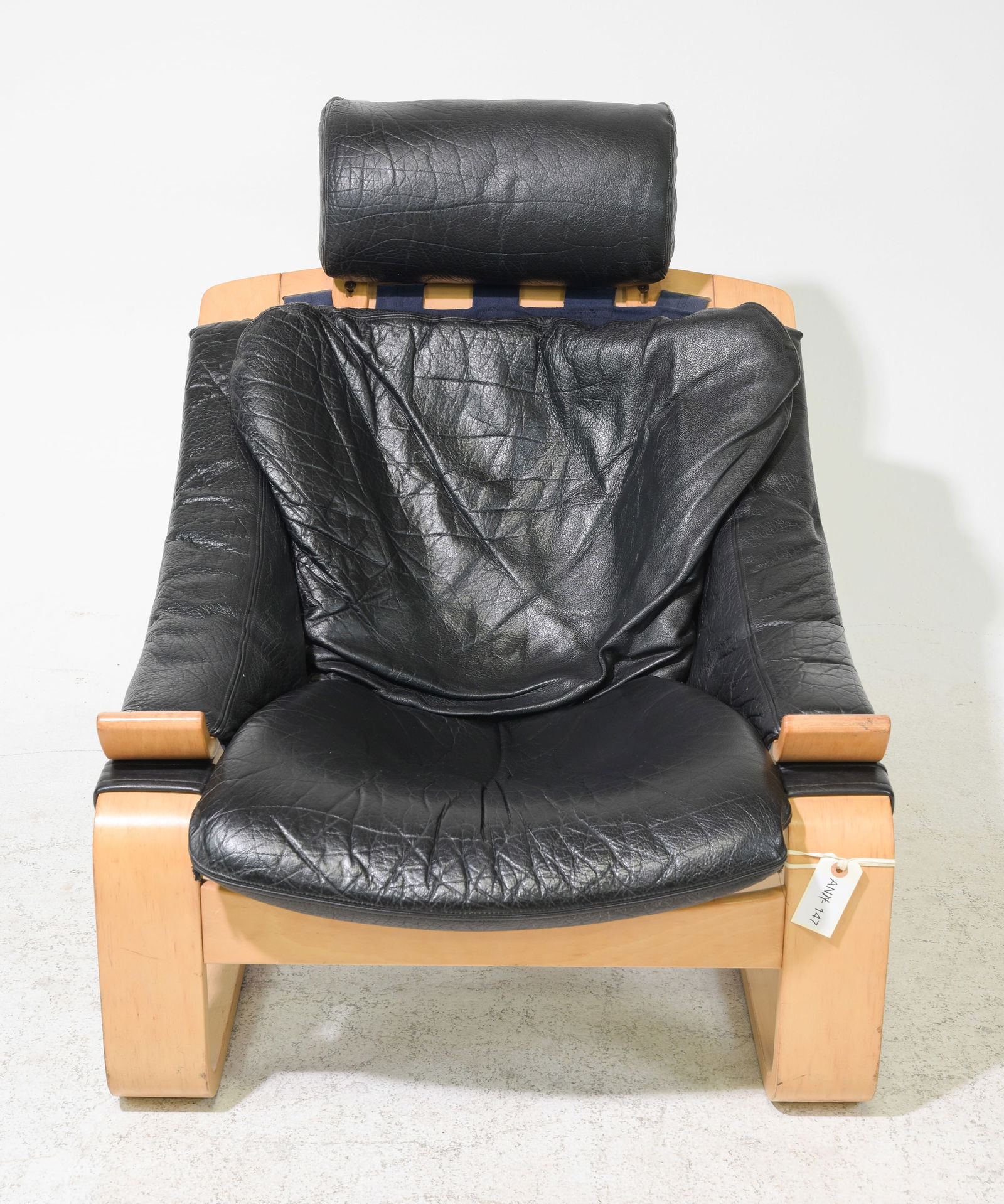 Danish Mid Century Modern Black Leather Lounge Chair: Danish Mid Century Modern Black Leather Beech Wood Lounge Chair - 35 in tall x 29.5 x 22.5, seat height is 14 in