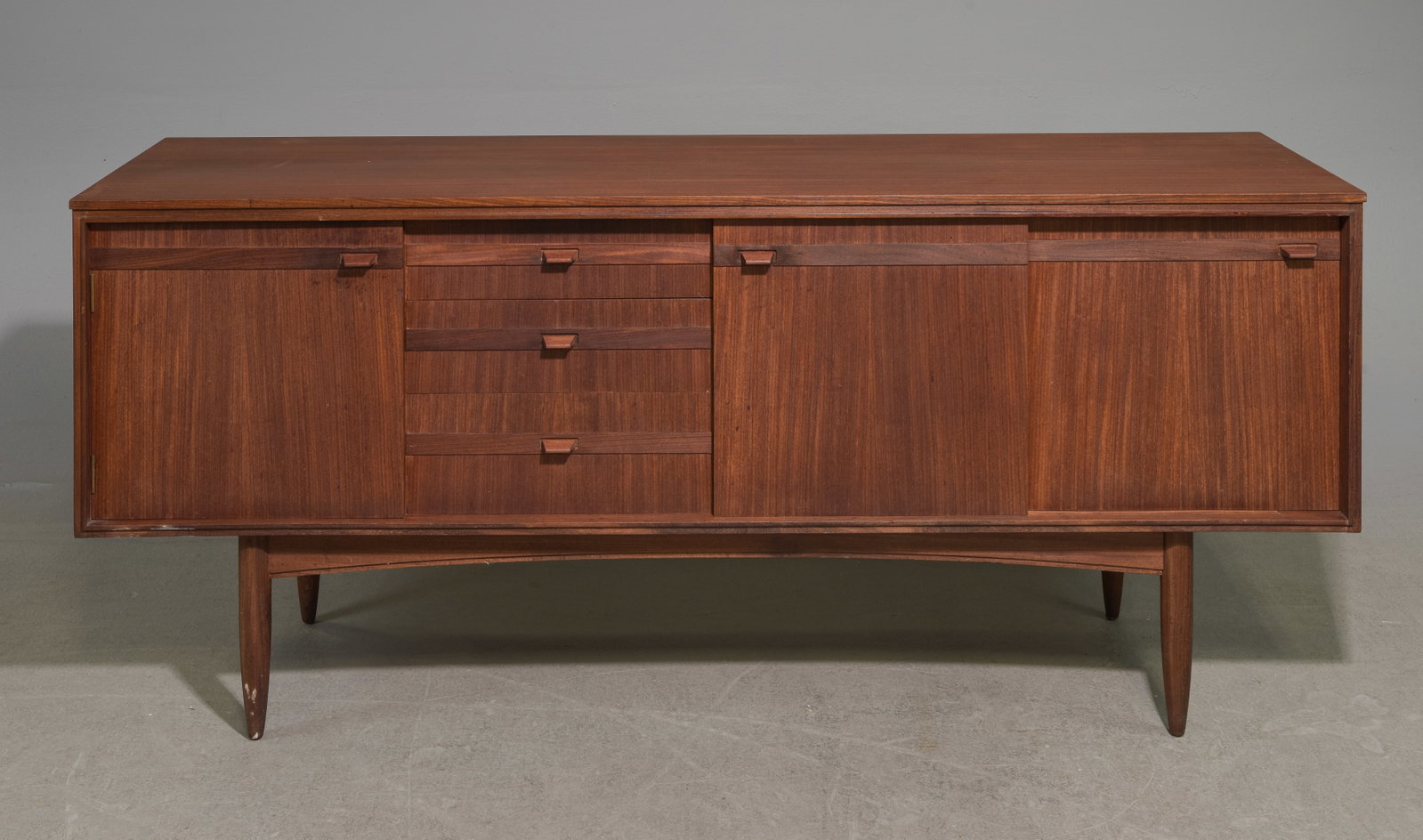 Mid Century Modern Sliding Door Sideboard: Danish Modern Style Sliding Door Sideboard with Drawers - 29.5 in tall x 66.5 x 18.5