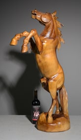 Hand Carved Teak Rearing Stallion Statue