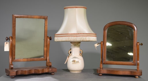 2 English Mahogany Shaving Mirrors & Lamp