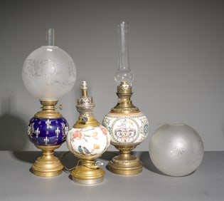 3 French Antique Oil Lamps with Shades