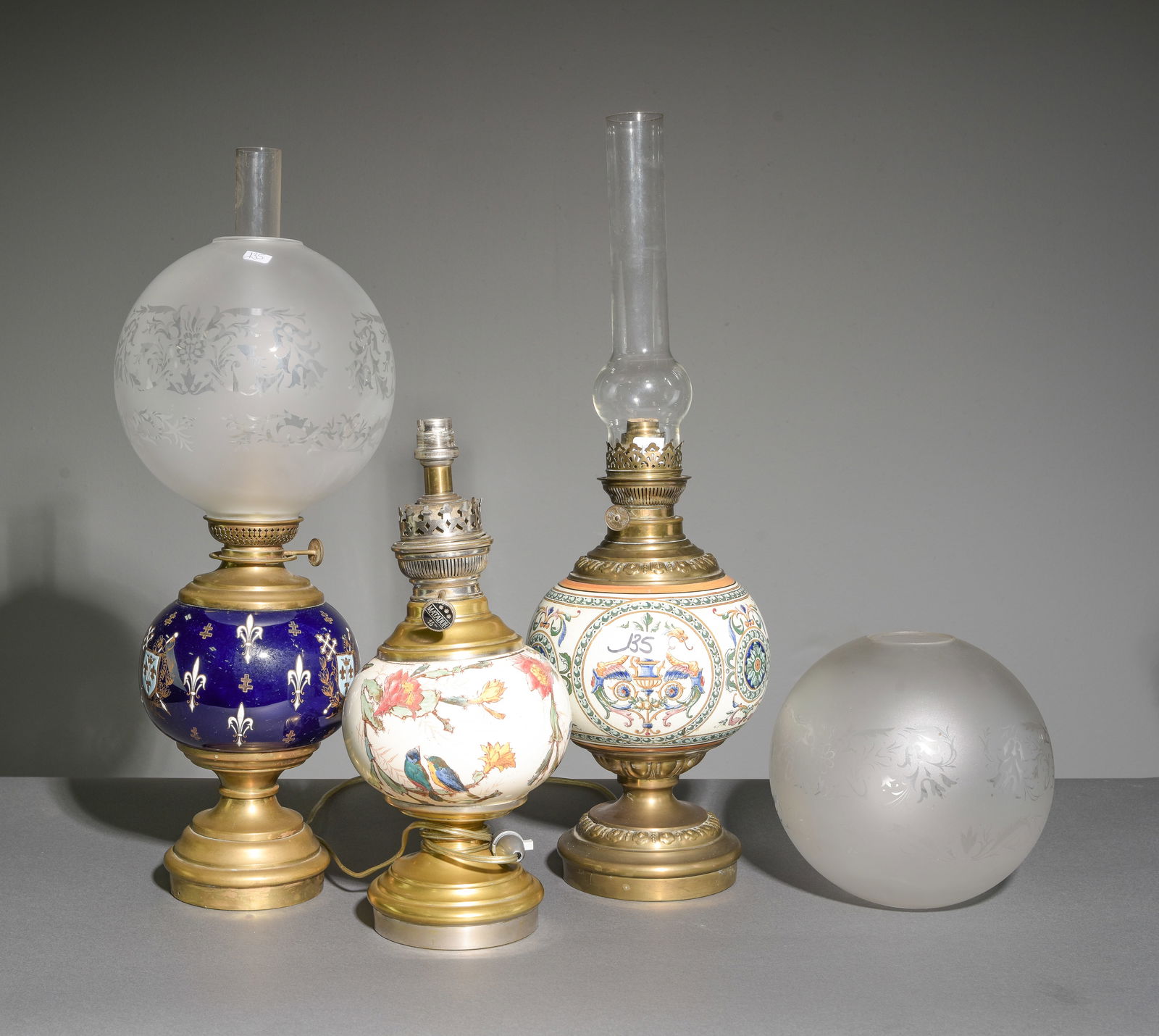 3 French Antique Oil Lamps with Shades: 3 French Antique Oil Lamps with Shades - 22.5 in tall x 8 x 8