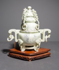 Carved Jade Censer on Wood Stand