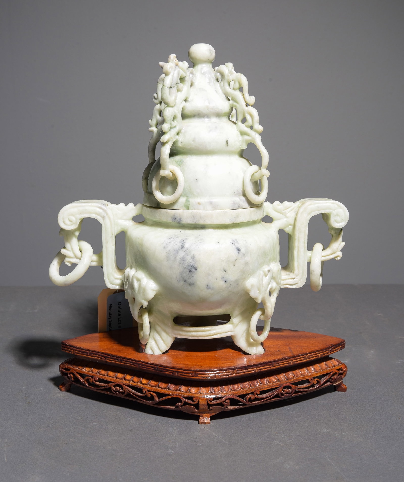 Carved Jade Censer on Wood Stand: Carved Jade Censer on Wood Stand - 11.5 in tall x 10 x 5.5