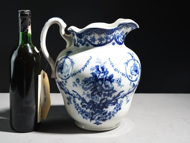 English Blue & White Water Pitcher c.1920's-30's