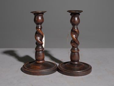 British Oak Barley Twist Pair of Candlesticks #1