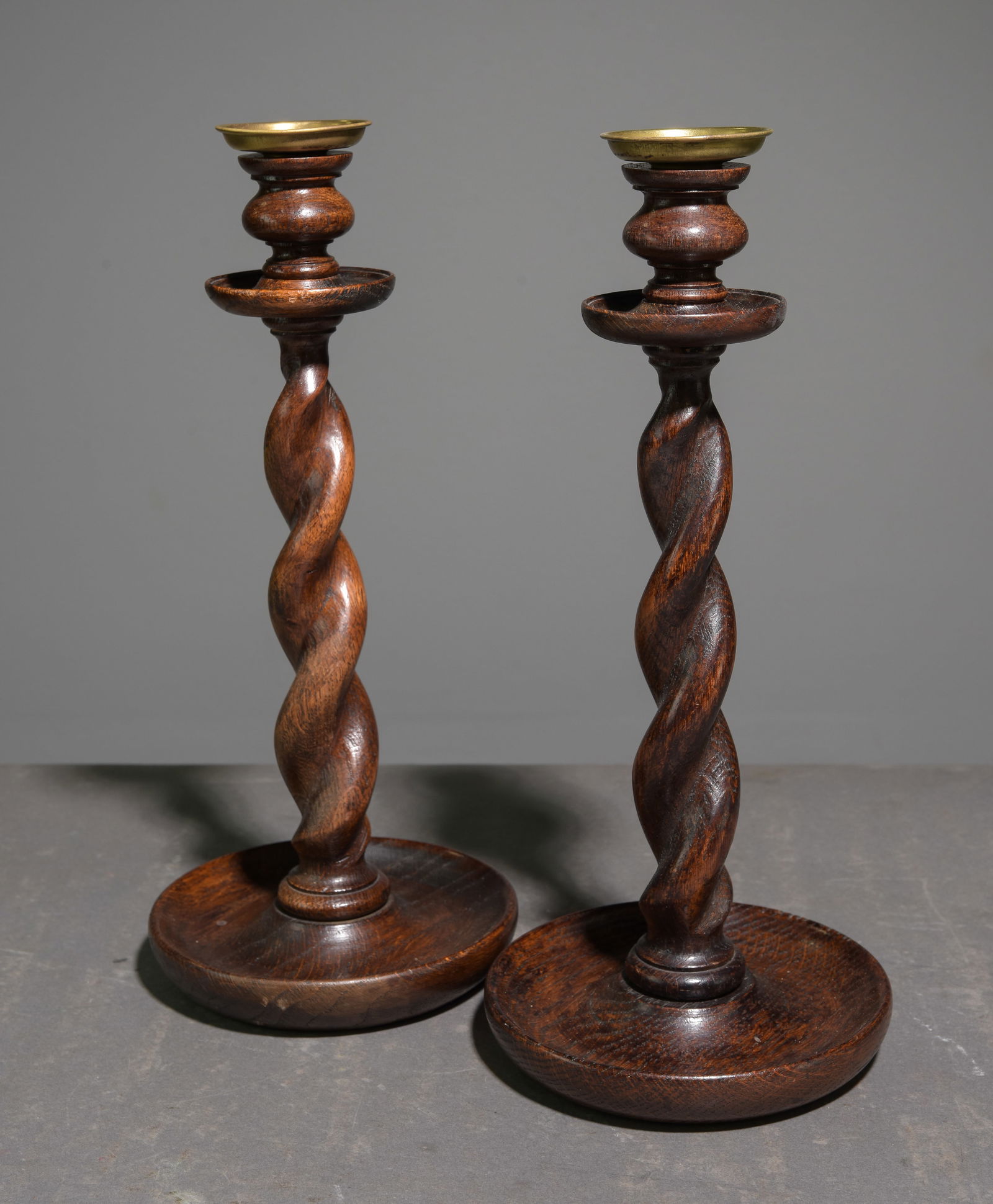 British Oak Barley Twist Pair of Candlesticks #2 (1 of 3)
