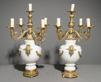 2 White Marble & Gilded Metal Candelabras