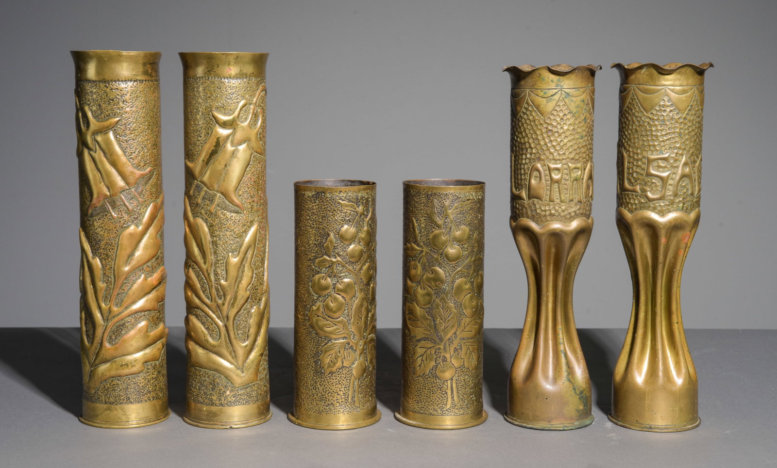 3 Pairs of Brass Trench Art Vases: 3 Pairs of Brass Trench Art Vases - Tallest pair is 14 in tall x 3.5 inch diameter, 13.5 in tall x 3.5 inch diameter and Smallest is 9 in tall x 3.5 inch diameter