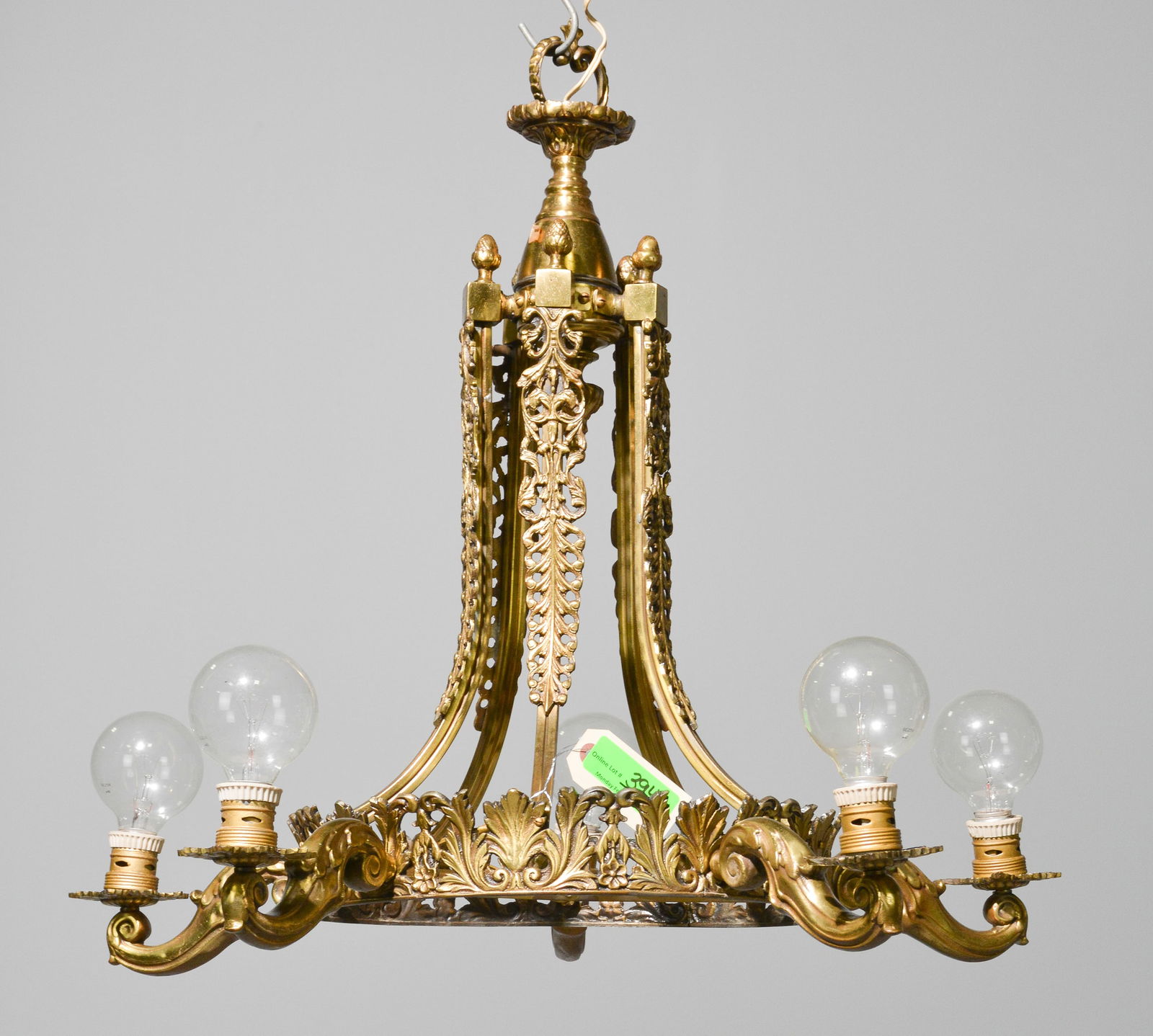 Gold Gilt Bronze 5 Light Chandelier: Gold Gilt Bronze 5 Light Chandelier - 26 in tall x 30 inch diameter