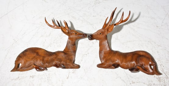 Two Teak Wood Carved Stags / Deer Wall Decor