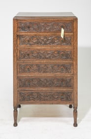 British Carved Oak Six Drawer Chest / Bedside