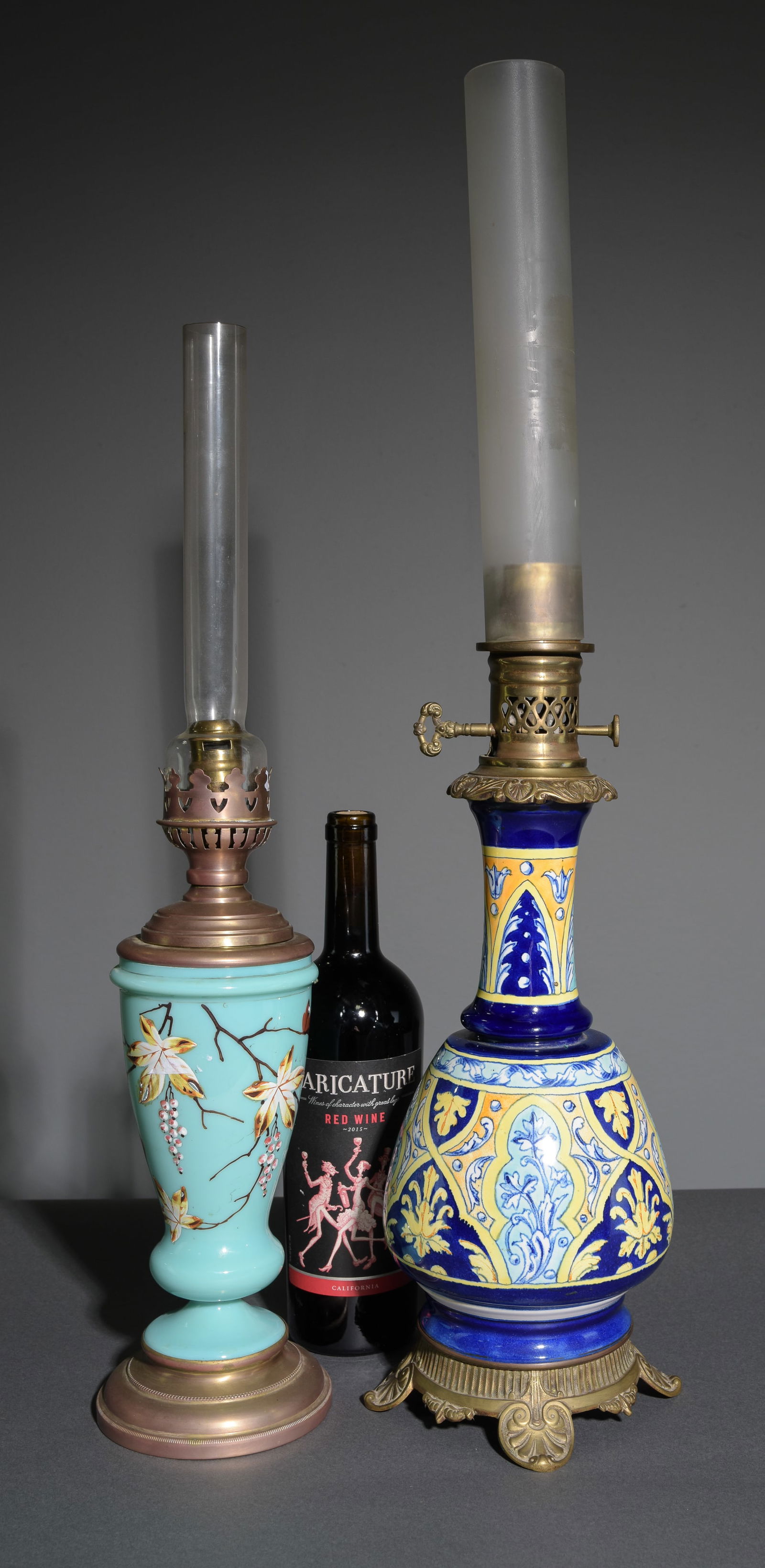 2 French Antique Oil Lamps: 2 French Antique Oil Lamps - 26.5 in tall x 7 in diameter