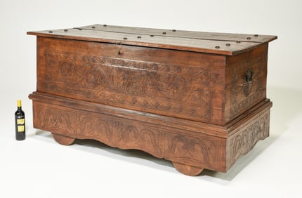 Monumental Carved Teak Dowry Style Chest / Trunk