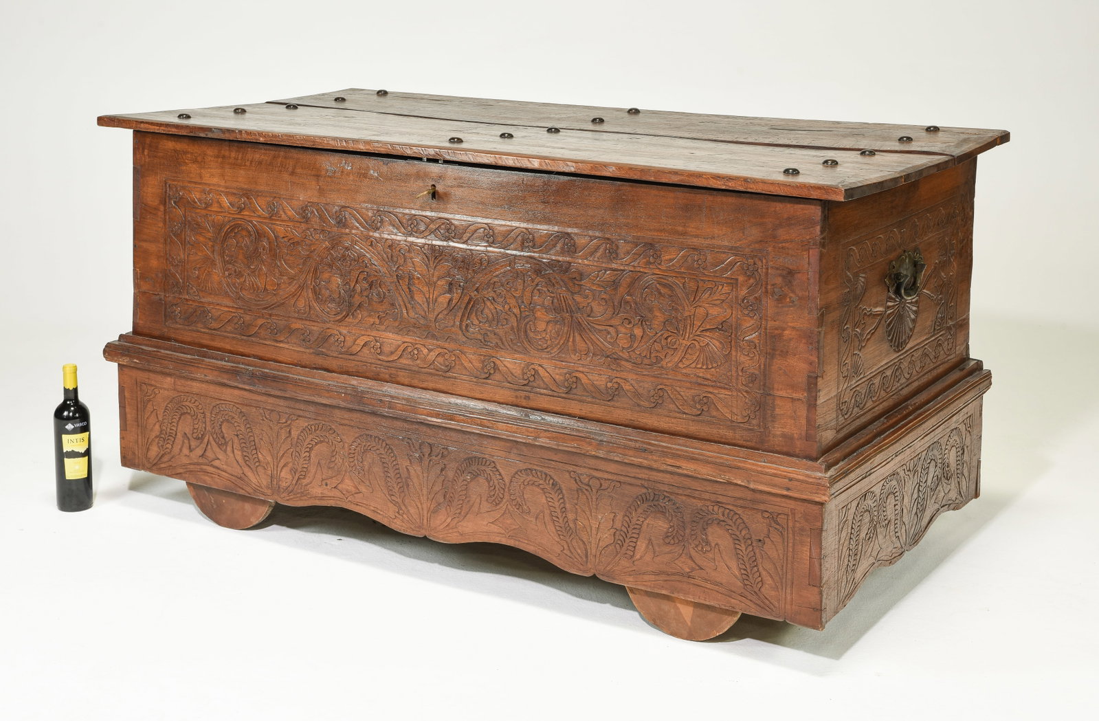 Monumental Carved Teak Dowry Style Chest / Trunk: Monumental Carved Teak Dowry Style Chest / Trunk - 32 in tall x 63 x 32