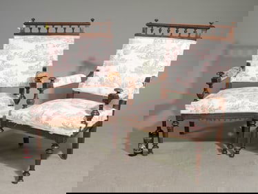 2 Henri II Style Walnut Arm Chairs