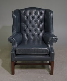 British Chesterfield Blue Leather Wing Back Chair