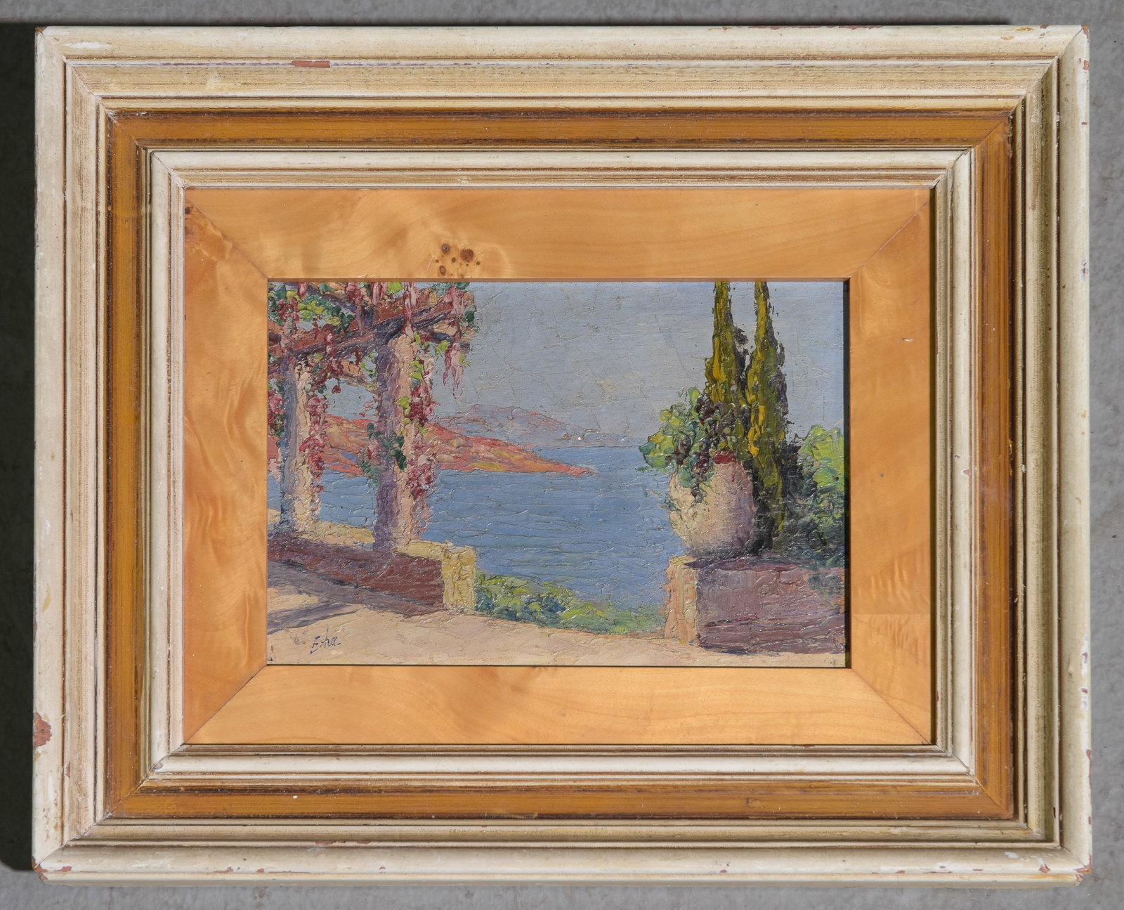 Framed Oil / Acrylic on Board - Italian Coast: Framed Oil / Acrylic on Board - Italian Coast - Artist Signed - 12.5 in tall x 15 x 2