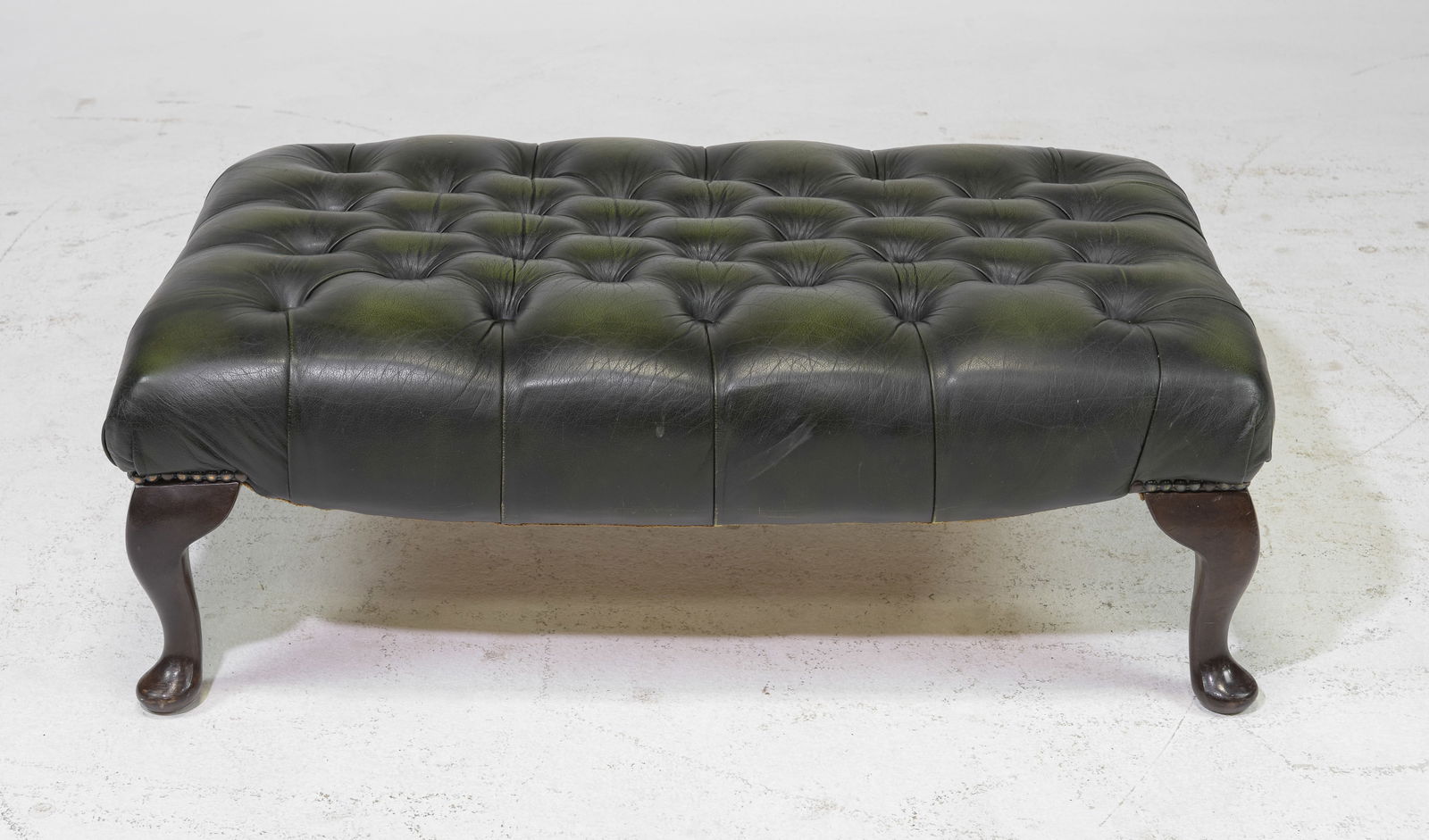 British Green Leather Chesterfield Large Stool (1 of 5)