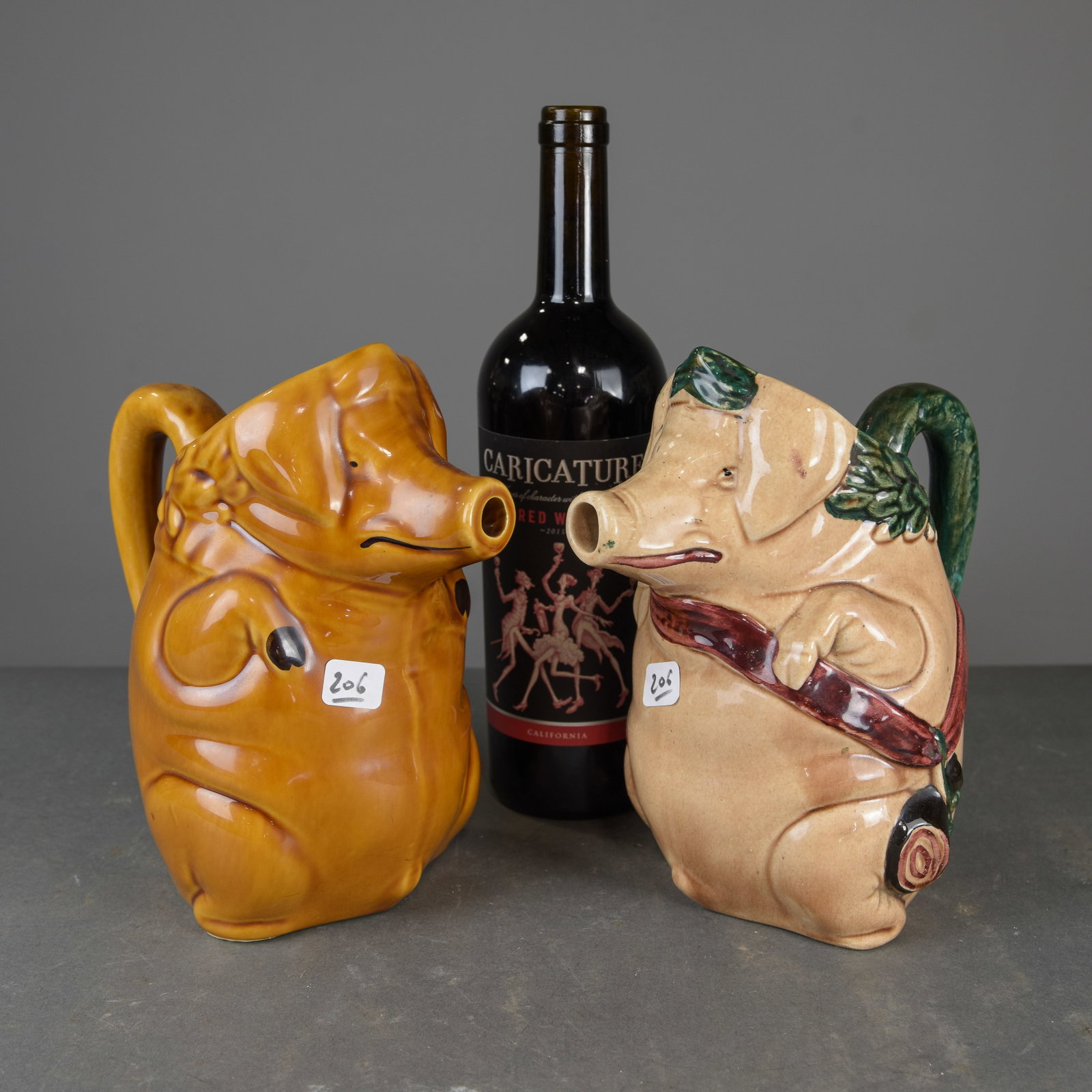 2 French Majolica Pig Pitchers: 2 French Majolica Pig Pitchers - 9 in tall x 8 x 6