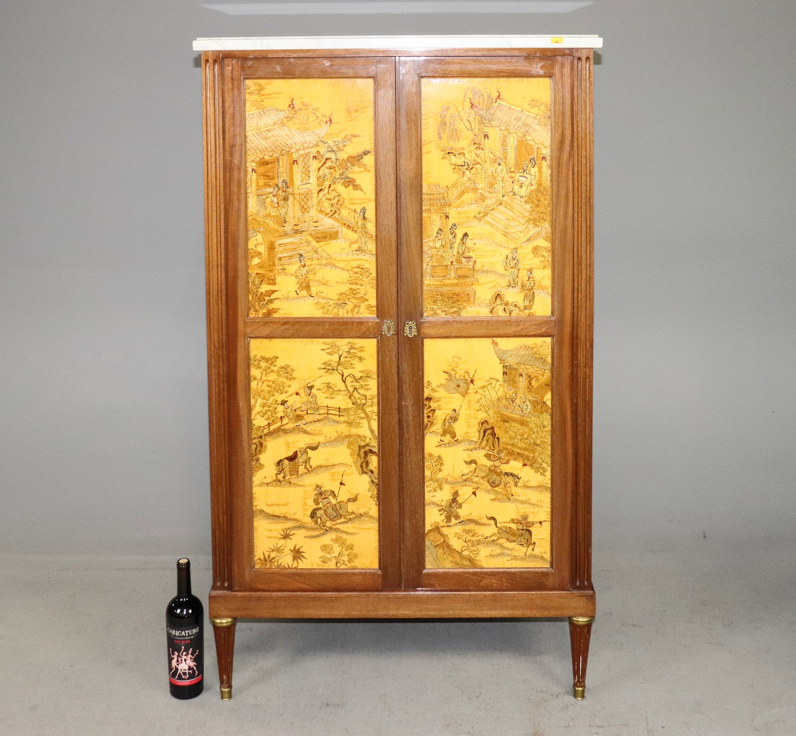 Louis XVI Style White Marble Top Cupboard: French Louis XVI Style White Marble Top Cupboard - 56.5 in tall x 33 x 18.5