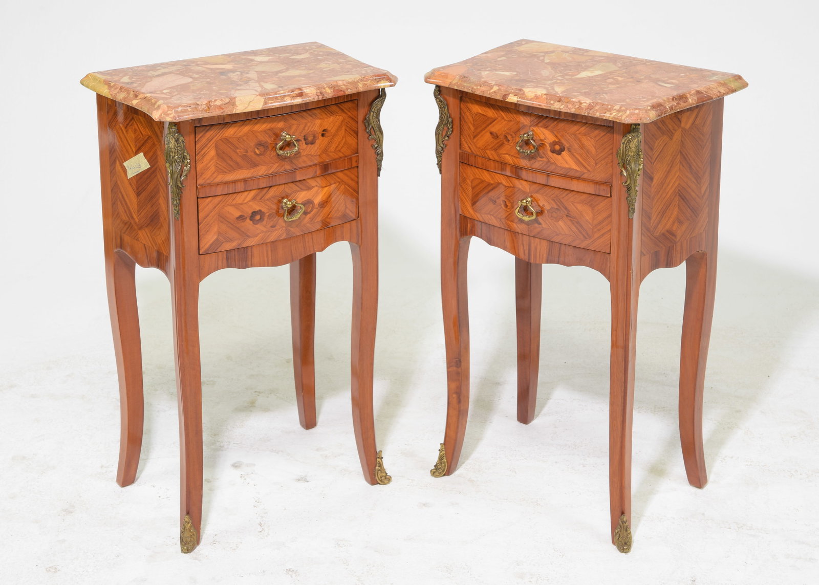 Pair Of Louis XV Style Marble Top Nightstands: Pair Of French Louis XV Style Marble Top Nightstands - 28 in tall x 16 x 10.5