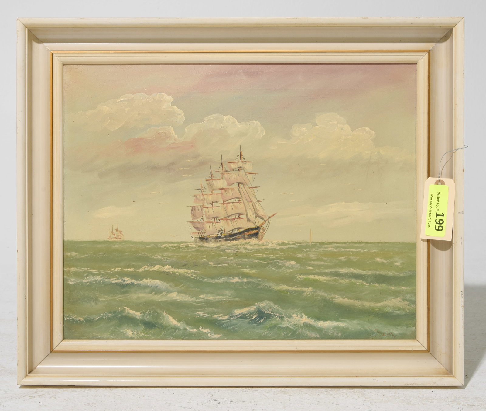 Framed Oil on Canvas Seascape - Clipper Ship: Framed Oil on Canvas Seascape - Clipper Ship - 18.75 in tall x 22.75 x 2, The work itself is 15 x 19