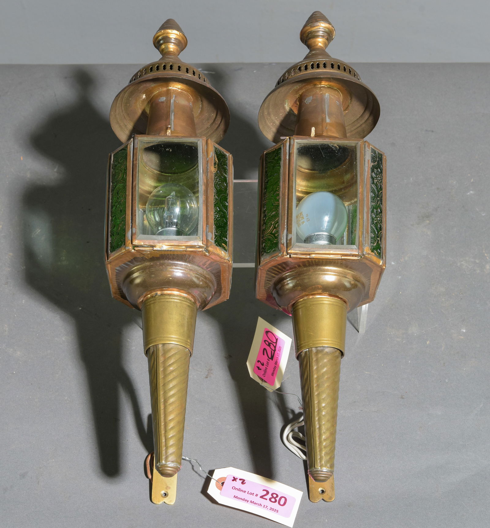 French Pair of Metal & Stained Glass Sconces: French Pair of Metal & Stained Glass Sconces - 17 in tall x 4.5 x 6.5 each